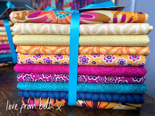 10 Fat Quarter Bundle - Blooms. Yellow, Black, Pink, Aqua